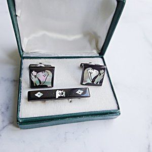 Antique Sterling Bakelite Asian Geisha Cufflinks and Tie Bar